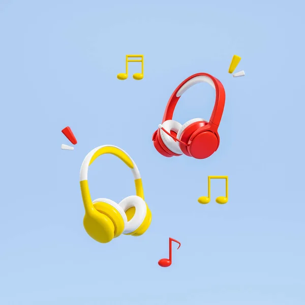Two red and yellow headphones, musical notes and volume abstract element on blue background. Concept of music and playlist. 3D rendering