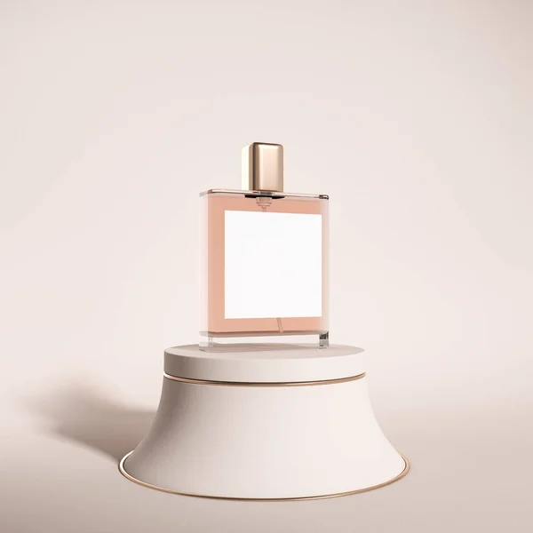表彰台の上の香水のフラコンはベージュの背景に立つ 化粧品の概念 製品表示用のモックアップ 3Dレンダリング — ストック写真