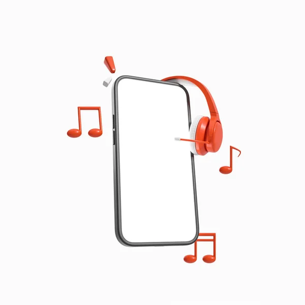 Smartphone Mockup Blank Screen Red Headphones Musical Notes White Background — Stock Photo, Image