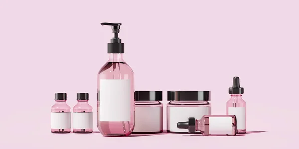 분홍색 배경에는 화장품 병들이 줄지어 있습니다 관리와 액세서리의 브랜드와 전시를 — 스톡 사진