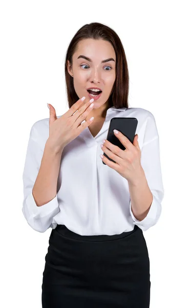 Young Businesswoman Emotional Portrait Looking Smartphone Surprised Hand Mouth Concept — Stock Photo, Image