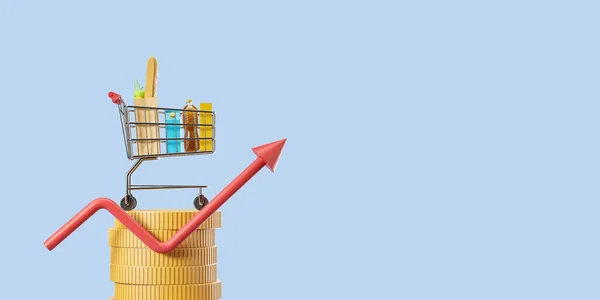 金のコインのショッピングカートと空の青の背景に赤いグラフの行を上げる 食料コストと財政問題の概念 コピースペース 3Dレンダリング — ストック写真