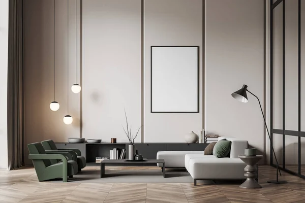 Beige Wohnzimmereinrichtung Mit Sofa Und Zwei Sesseln Couchtisch Und Schublade — Stockfoto