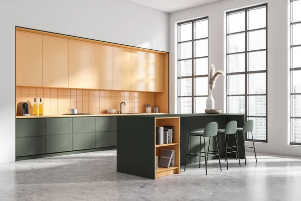 食器棚 パノラマの窓 バースツール付きの島 白い壁 コンクリート床 シンク コーヒーマシンと明るいキッチンルームのインテリアのコーナービュー ミニマルデザインのコンセプト 3Dレンダリング — ストック写真