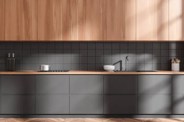 Küche Aus Holz Mit Spüle Und Herd Minimalistisches Geschirr Kochraum — Stockfoto