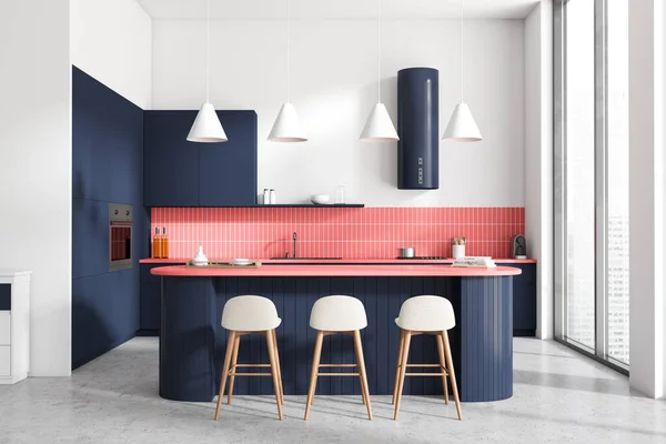 Colorful Kitchen Interior Bar Chairs Island Grey Concrete Floor Kitchenware — Stock Photo, Image