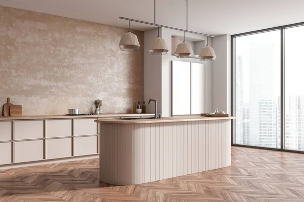 Beige Kücheneinrichtung Mit Bar Insel Und Minimalistischem Geschirr Seitenansicht Kochnische — Stockfoto