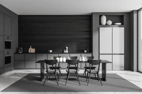 Dark Kitchen Interior Dining Table Chairs Carpet Grey Concrete Floor — Stock Photo, Image