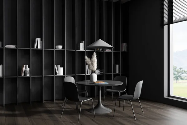Dark Living Room Interior Table Chairs Side View Hardwood Floor — Stock Photo, Image