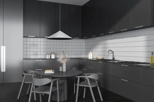 深色厨房内部有椅子和餐桌 侧视图 黑色硬木地板 带有厨房用具和装饰的架子和烹饪角落 3D渲染 — 图库照片