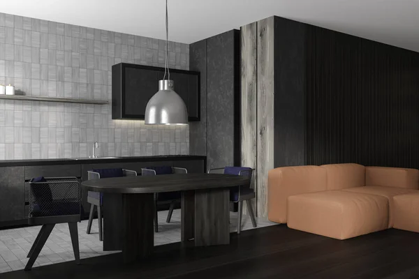 室内黑暗工作室与餐桌和椅子 侧视图寒冷区域与沙发 在豪华公寓的角落做饭和放松 3D渲染 — 图库照片
