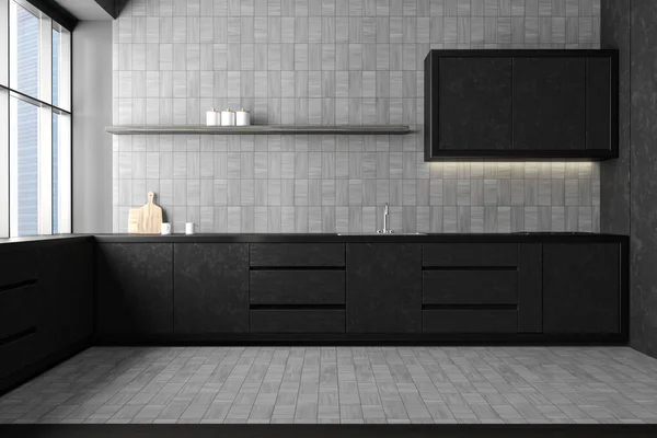 Темный Кухонный Интерьер Посудой Палубе Серый Кафельный Бетонный Пол Кухонная — стоковое фото