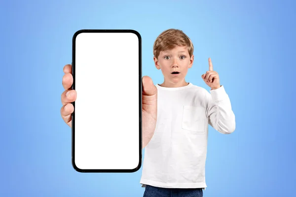 School Boy Eyes Wide Open Finger Pointing Phone Big Mock — Stock Photo, Image