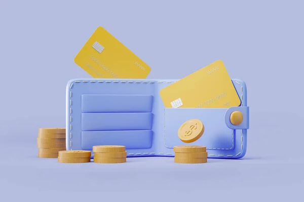 Offene Brieftasche Mit Goldener Kreditkarte Und Münzen Auf Blauem Hintergrund — Stockfoto