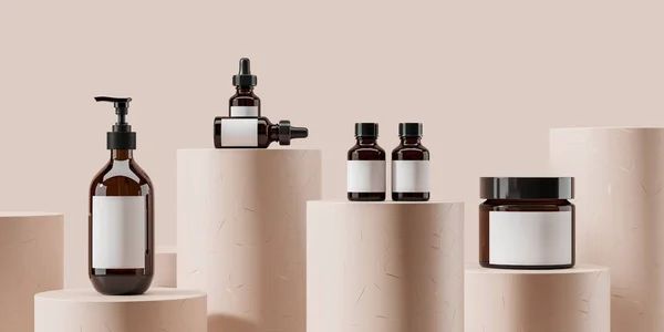 Set Cosmetic Bottles Row Beige Cylindric Podium 아름다움 관리의 홍보를 — 스톡 사진