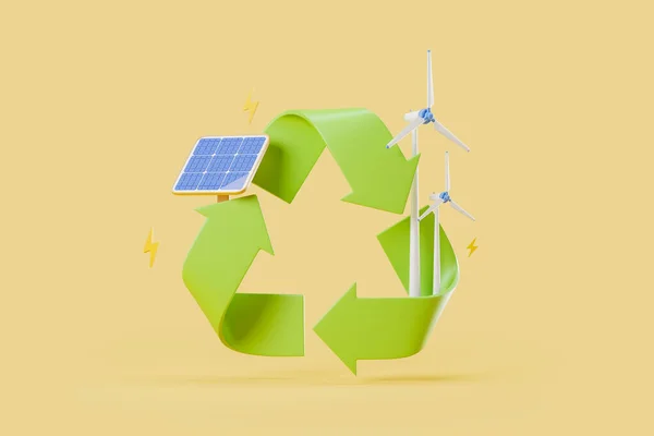 Painéis Solares Usina Eólica Com Sinal Reciclagem Verde Fundo Amarelo — Fotografia de Stock