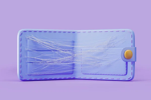 Öppna Tom Blå Plånbok Med Spindelnät Lila Bakgrund Begreppet Ekonomiskt — Stockfoto