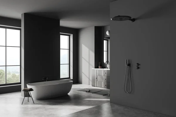 Ciemne Wnętrze Łazienki Wanną Umywalką Szufladą Minimalistyczny Widok Strony Prysznica — Zdjęcie stockowe