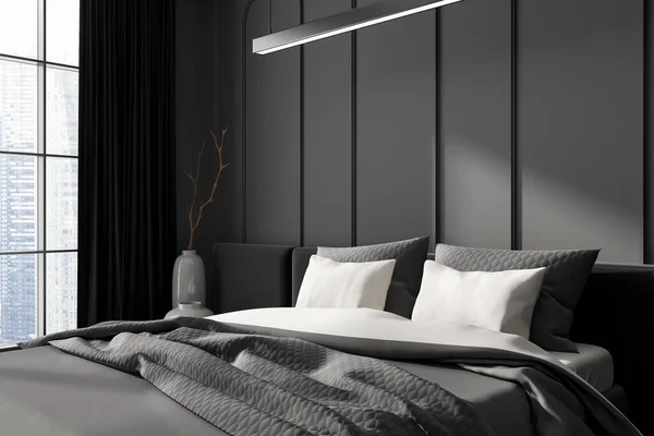Dunkles Schlafzimmerbett Und Minimales Dekor Seitenblick Schlafnische Mit Panoramafenster Auf — Stockfoto