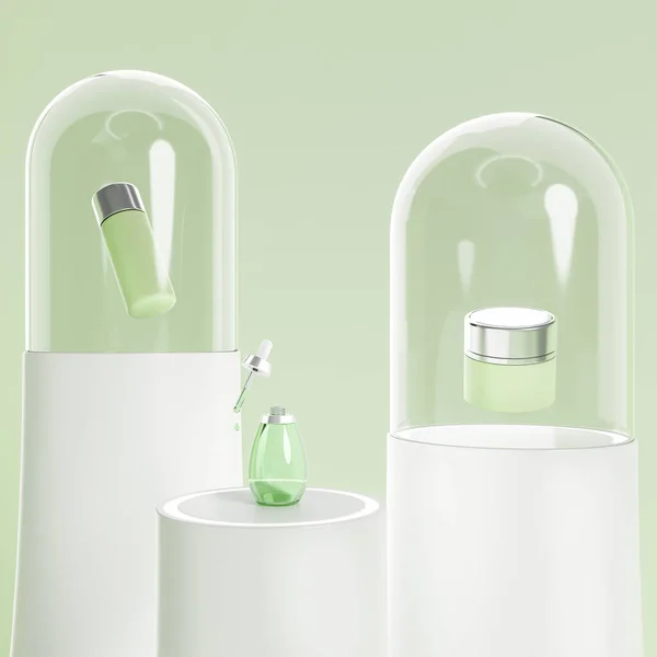 ガラスのドーム 緑の背景の中に浮かぶピペットとボトルでフラコン スキンケアの概念 製品表示用のモックアップ 3Dレンダリング — ストック写真