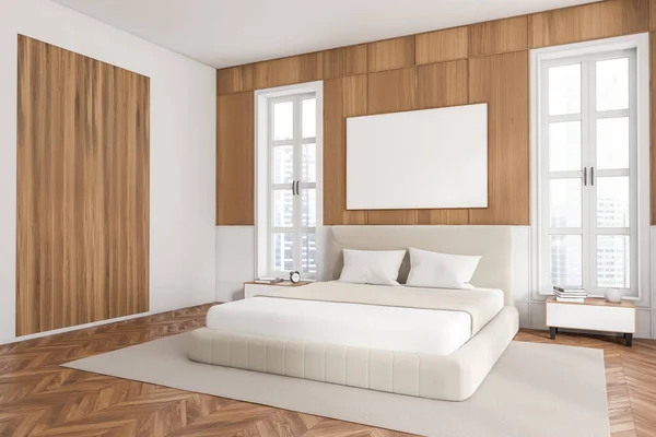 Hoekzicht Lichte Slaapkamer Interieur Met Lege Witte Poster Bed Panoramisch — Stockfoto