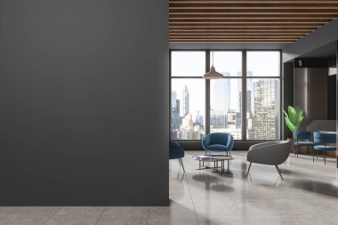 Gri duvarları, fayanslı zemini, veznedarları ve yuvarlak kahve masalarının yanında duran rahat mavi ve gri koltukları olan şık bir bekleme odası. Uzay duvarını kopyala. 3d oluşturma