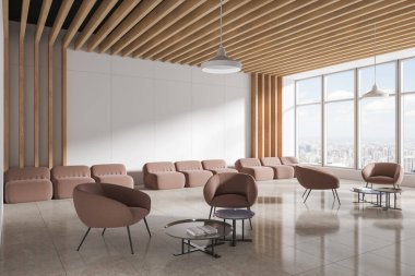 Modern banka bekleme odasının içinde beyaz ve ahşap duvarlar, fayanslı zemin, duvar boyunca duran bej koltuklar ve bej koltuklu rahat kahve masaları. 3d oluşturma