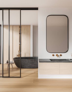 Modern otel banyosu lavabosu ve ahşap kibri cam bölmenin arkasında aksesuarları olan gri küvet. Modern dairede lüks banyo alanı. 3B görüntüleme