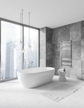 Modern banyo, açık gri mermer duvarlar, fayanslı zemin ve panoramik pencerenin yanında duran rahat beyaz küvet. 3d oluşturma
