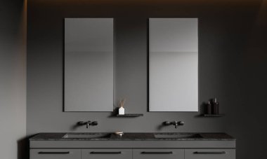 Gri duvarları olan şık bir banyo, gri tezgahın üzerinde duran rahat çift lavabo ve iki dikey ayna. 3d oluşturma