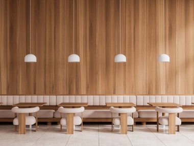 Minimalist kafenin içinde sandalyeler ve sıra sıra masa, açık beton zemin. Duvar boyunca bej kanepe şık bir toplantı ve yemek odası, kafe ve kafe tasarımı. 3B görüntüleme
