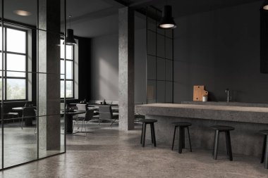 Gri duvarları, beton zemini, tabureli taş tezgahı ve gri sandalyeli yuvarlak masaları olan şık kahve dükkanının içi. 3d oluşturma