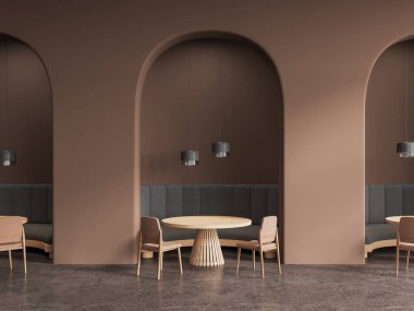 Kahverengi kemerli duvarları, beton zemini, rahat gri koltukları ve kahverengi sandalyeleri olan şık bir restoran. 3d oluşturma