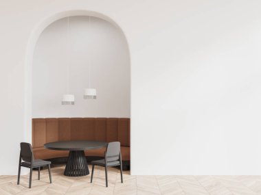 Kanepesi olan beyaz bir kafe, ahşap zeminde yuvarlak masa olan sandalyeler. Lokantada şık mobilyaları olan rahat bir yer. Boş kemer duvarı yap. 3B görüntüleme