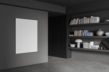 Gri duvarları, beton zemini, üzerinde kitaplar, vazolar ve yuvarlak aynalar bulunan uzun kitap rafları ve dikey poster çerçevesi olan şık bir ev kütüphanesi. 3d oluşturma