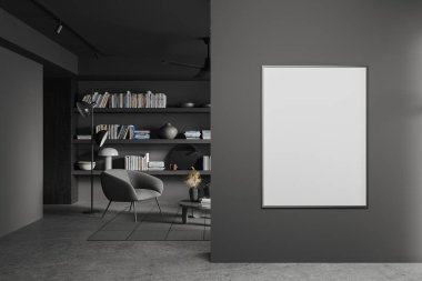 Gri duvarları, beton zemini, uzun gri kitaplıkları ve rahat koltuğu olan şık bir ev kütüphanesi. Sağda dikey maket posteri var. 3d oluşturma