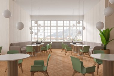 Beyaz ve ahşap duvarlı modern kafe, ahşap zemin, rahat yuvarlak ve yeşil sandalyeli oval masalar ve yumuşak gri koltuklar. 3d oluşturma