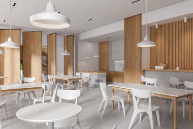 Ofis kafesi içinde sandalyeler, sıra sıra masa, bar tezgahı ve rafları olan yan görüş yemek köşesi. Minimalist mobilyaları ve mutfağı olan modern bir kafeterya. 3B görüntüleme