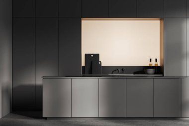 Lüks, koyu renk mutfak, uzun bar tezgahı, gri beton zemin. Güvertede mutfak gereçleri ve stüdyo dairesi için çağdaş tasarım olan minimalist yemek alanı. 3B görüntüleme