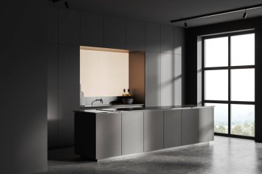 Koyu renk mutfak manzarası, bar tezgahı, gri beton zemin. Mutfak gereçleri ve kırsal alanda panoramik pencereleri olan minimalist yemek alanı. 3B görüntüleme