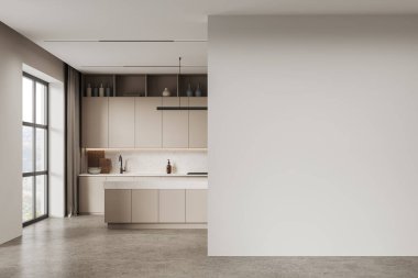 Bej ev mutfağı, aşçılık alanı, bar adası, mutfak gereçleri, aydınlık beton zemin. Kırsal kesimde panoramik pencere. Model boş duvar bölmesi. 3B görüntüleme