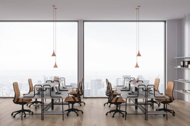 Şık bir iç mekan sandalye ve masa, dizüstü bilgisayar ve lamba. Modern mobilyaları olan minimalist işyeri. Paris gökdelenlerinde panoramik pencere. 3B görüntüleme