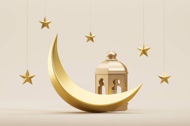 Ay manzarası, yıldızlar ve bej arka planda Ramazan feneri. Ramazan ve geleneksel İslami dekorasyon kavramı. 3d oluşturma