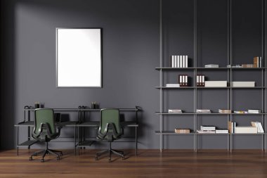 İçi masa ve koltuklarla dolu gri çalışma alanı, kitaplarla dolu raf. Şık bir sınıf ve minimalist mobilyalarla birlikte çalışma alanı. Tuvalin posterini hazırla. 3B görüntüleme