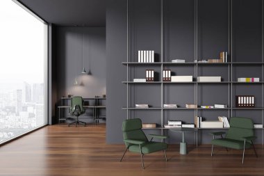 Ofisin içinde masa ve dizüstü bilgisayarlı koltuklar, kitaplarla dolu raflar var. Kütüphane ya da minimalist soğuk bölgesi olan işletme sınıfı. Paris şehir manzarasında panoramik pencere. 3B görüntüleme