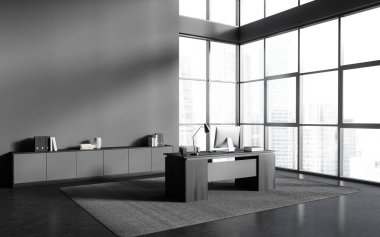 Masada PC monitörü ve gökdelenlerin panoramik penceresiyle koyu renk ceo iç mekan manzarası. Büfesi olan minimalist danışmanlık işyeri. Boşluk duvarını kopyala. 3B görüntüleme