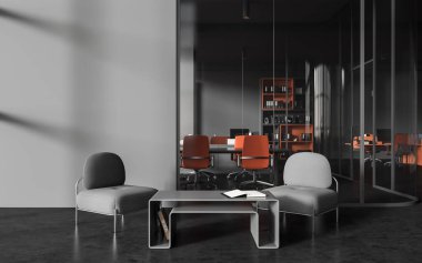 Karanlık ofis içi soğuk alan ve cam kapıların arkasındaki konferans panosu, gri beton zemin. Koltukları ve kahve masası olan dinlenme bölgesi. 3B görüntüleme