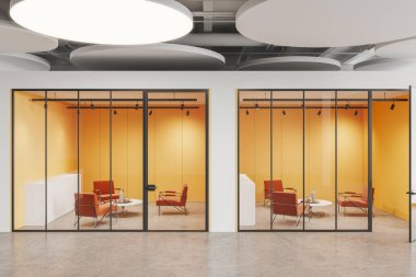 Cam şezlonglu beyaz ve turuncu ofis, yumuşak koltuklar ve beton zeminde kahve masası. Özel ve VIP rahatlama yeri şık bir iş yeri. 3B görüntüleme