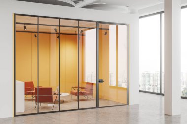 Modern ofis bekleme odasının içinde beyaz, sarı ve cam duvarlar, beton zemin ve yuvarlak kahve masasının yanında duran rahat turuncu koltuklar. 3d oluşturma