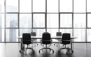 Şık ofis toplantı odasının içinde beton zemin, panoramik pencere şehir manzarası ve gri sandalyeli uzun toplantı masası. 3d oluşturma